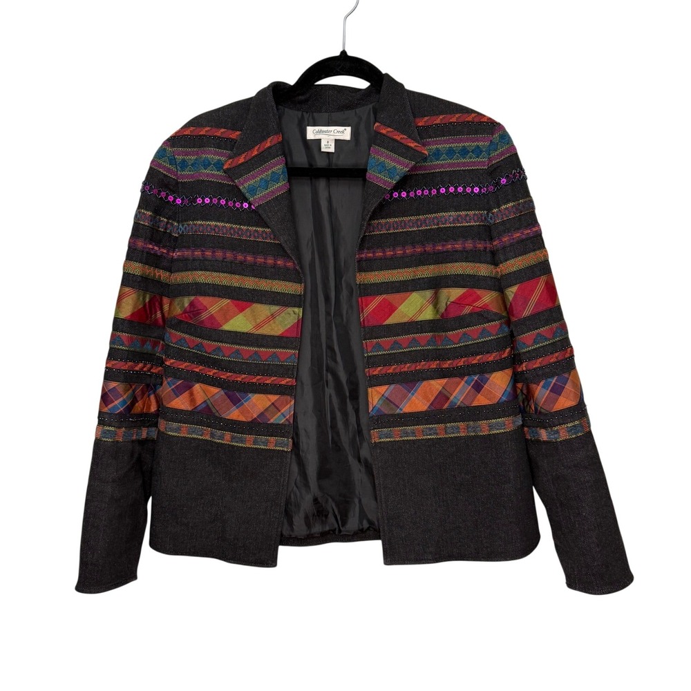 Coldwater Creek Women's Black Denim Jacket Embroidered Beaded Colorful Textile‎